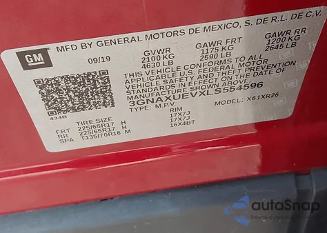 2020 Chevrolet Equinox Awd Lt 1.5L Turbo из США, поврежденный, VIN 3GNAXUEVXLS554596